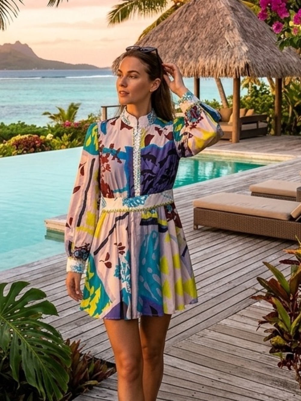 Boho Floral Mini Dress Size Large Flowy Long Sleeve Resort Vacation Large